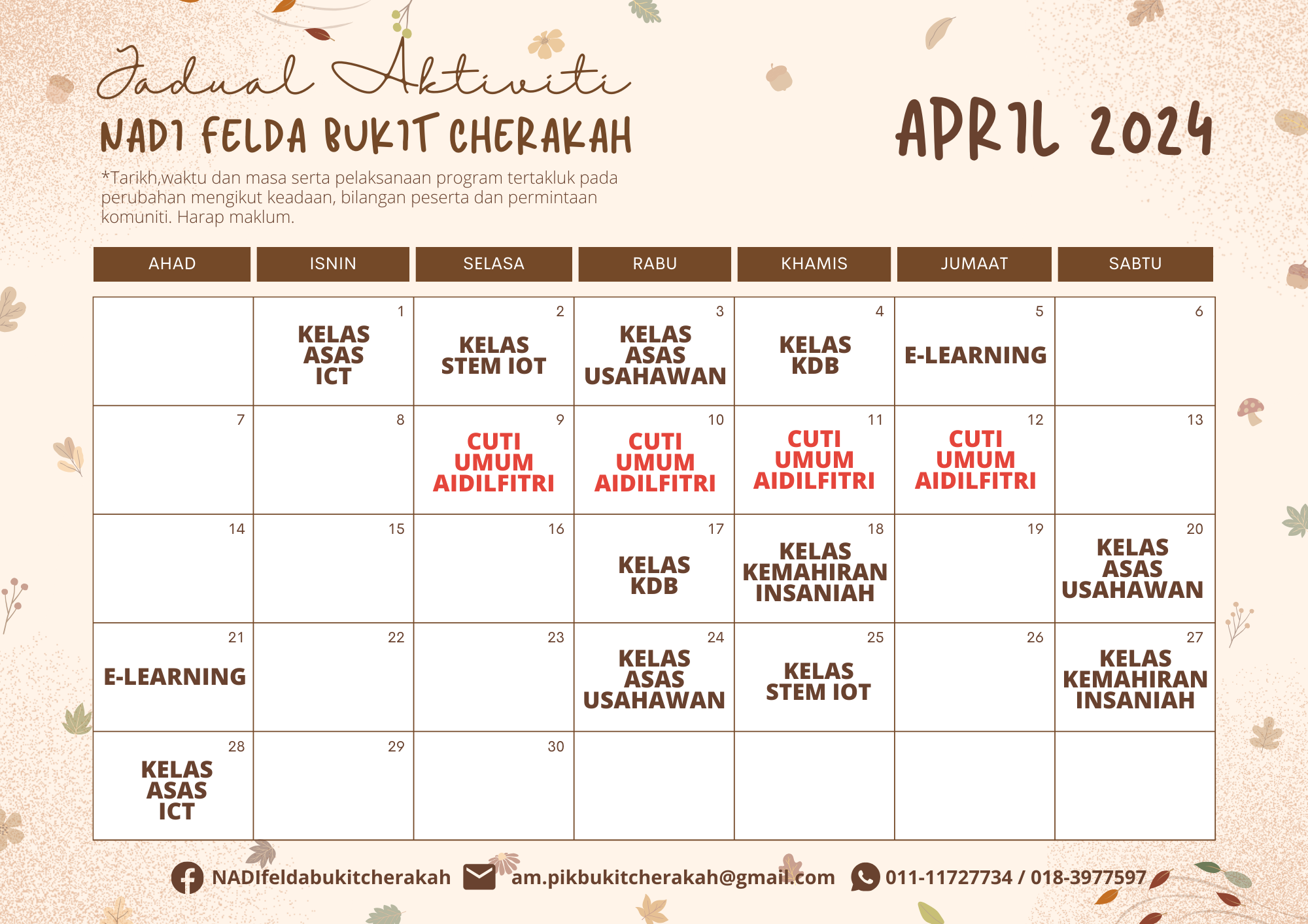 Jadual Aktiviti NADI FBC April 2024