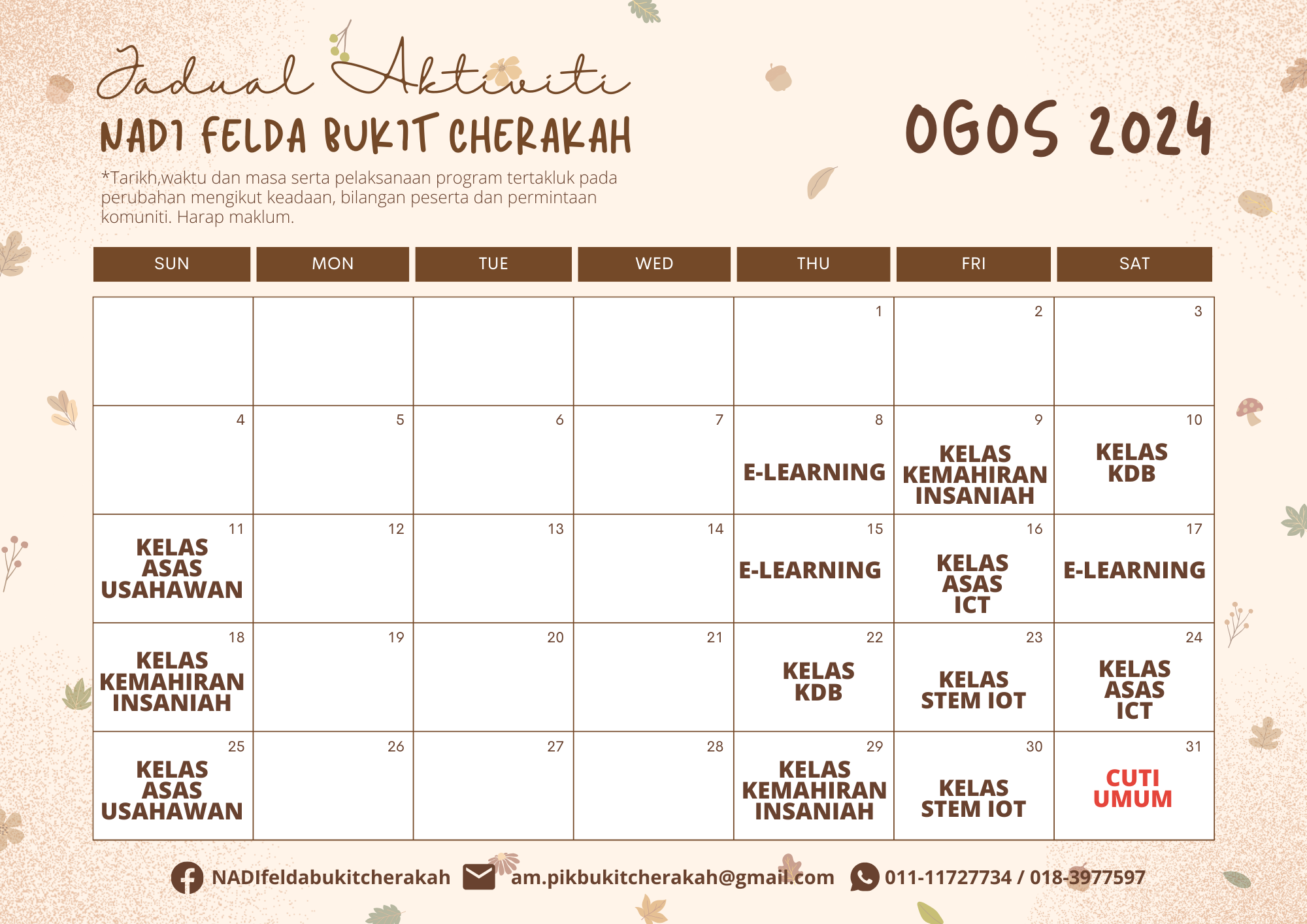 Jadual Aktiviti NADI FBC OGOS 2024