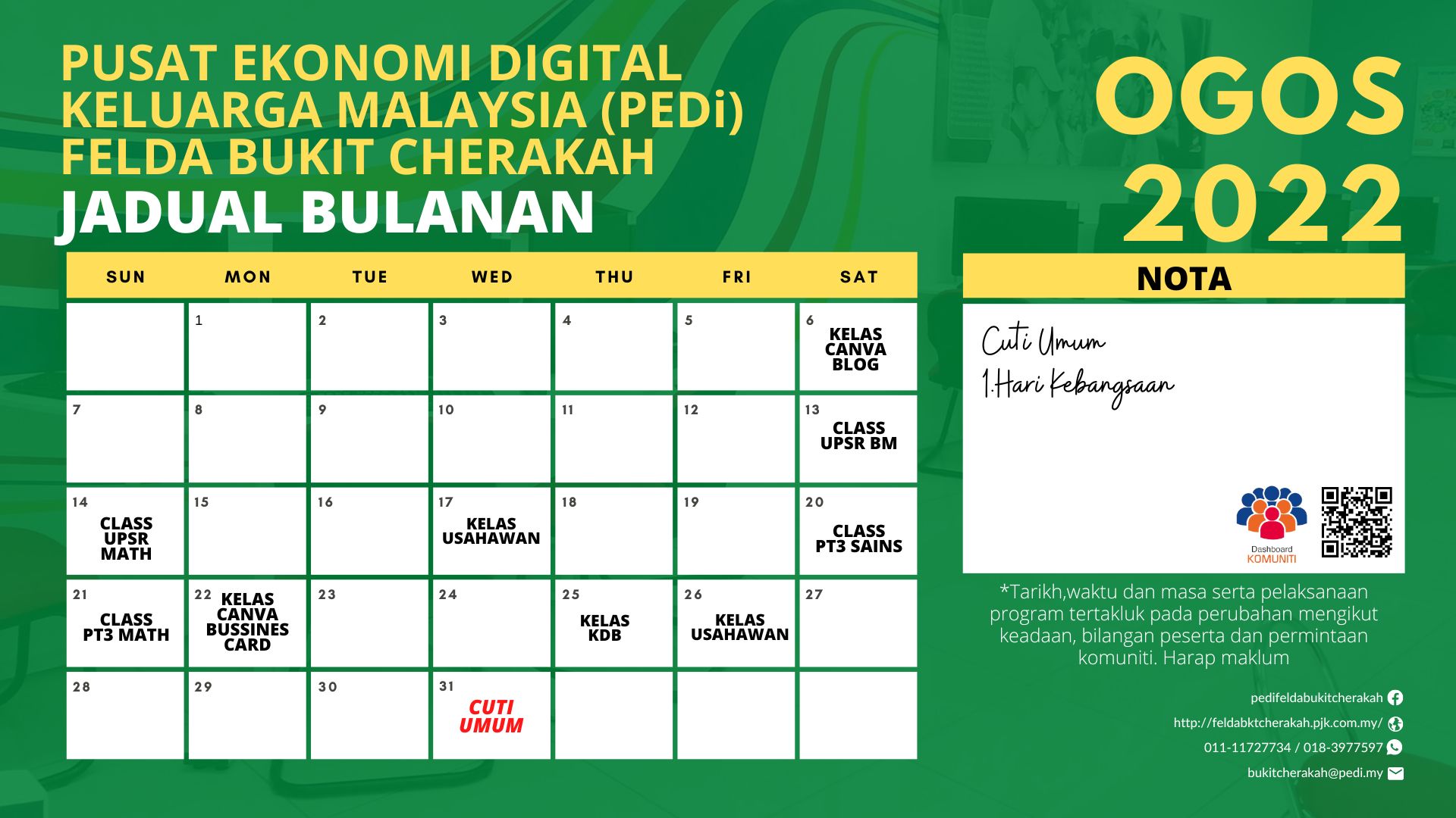 Jadual Aktiviti PEDI FBC Ogos 2022