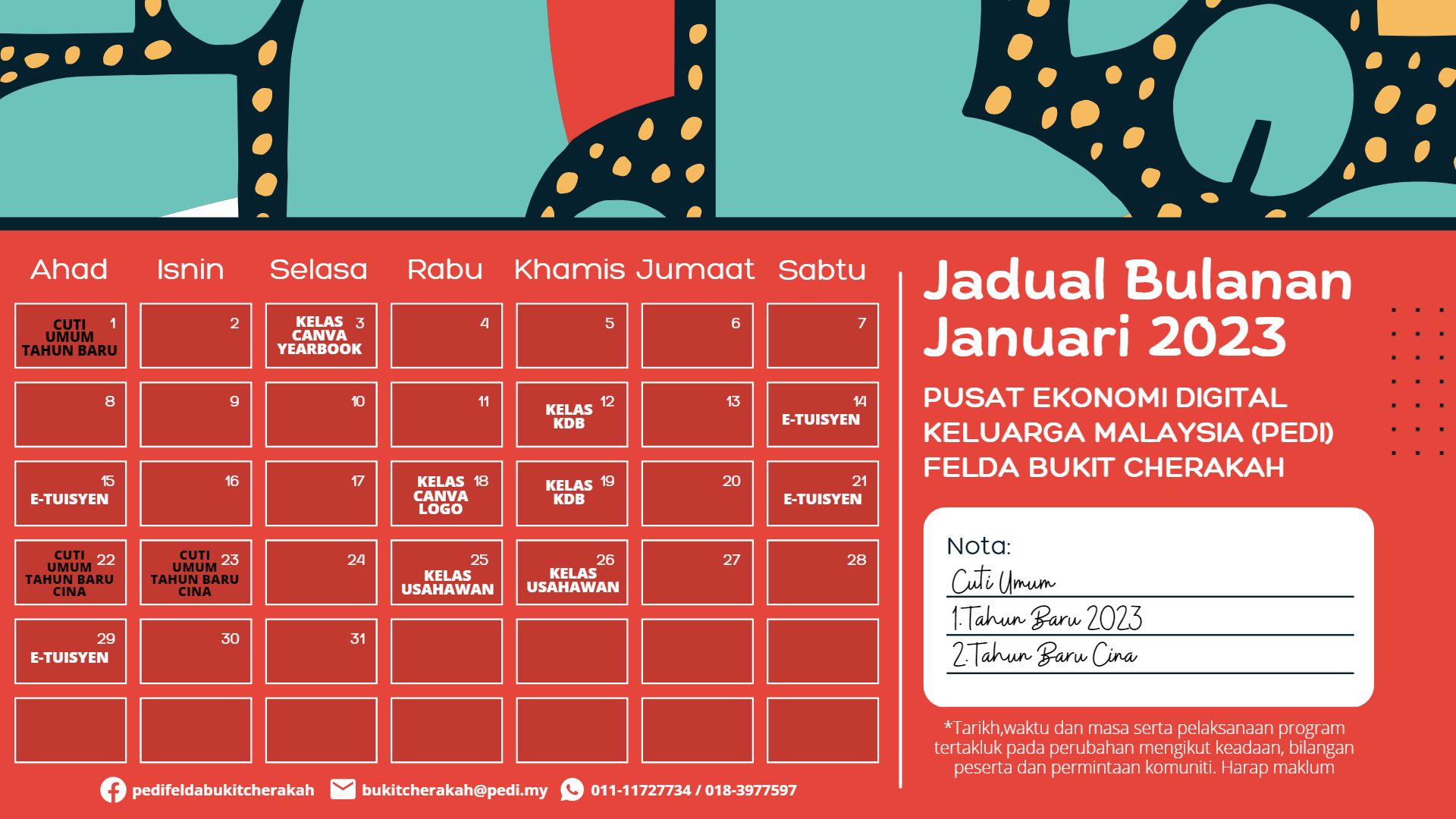 Jadual Aktiviti PEDi FBC 2023 Januari