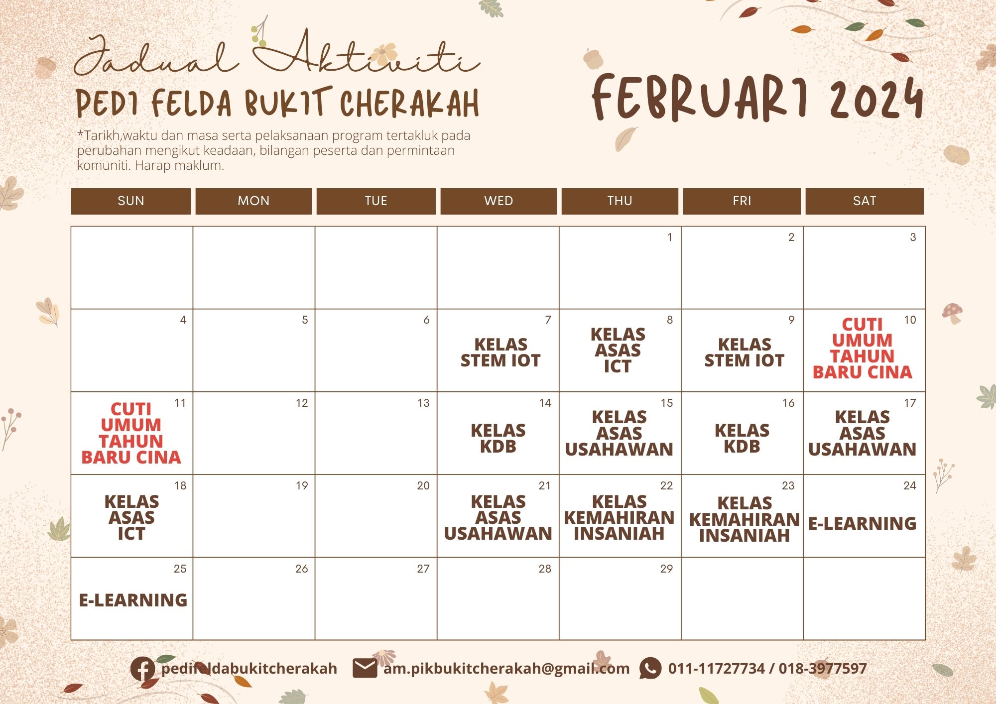 Jadual Aktiviti PEDi FBC 2024 Februari