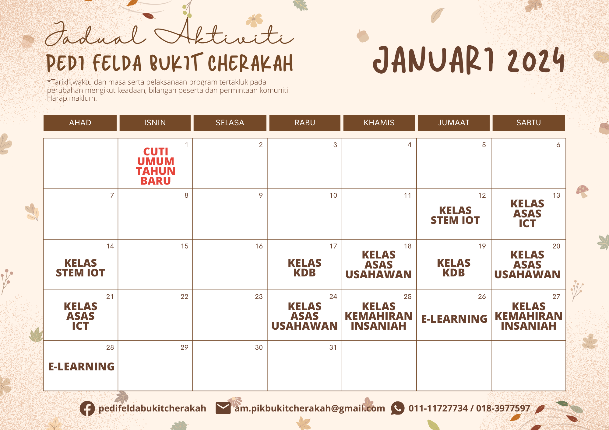 Jadual Aktiviti PEDi FBC Januari 2024