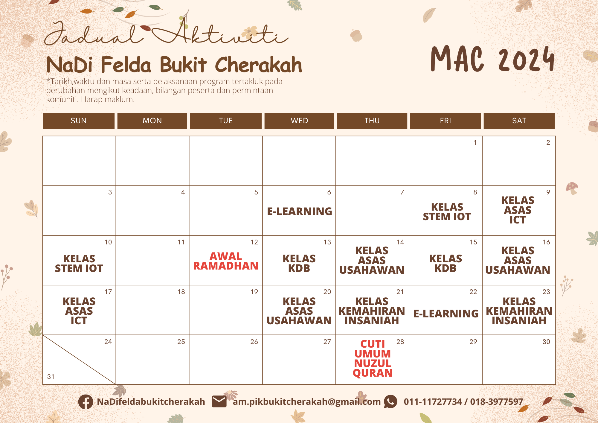 Jadual Aktiviti PEDi FBC Mac 2024