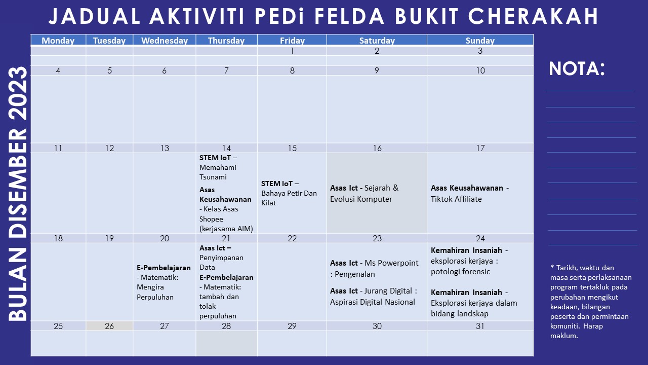 Plan jadual aktiviti Disember 2023