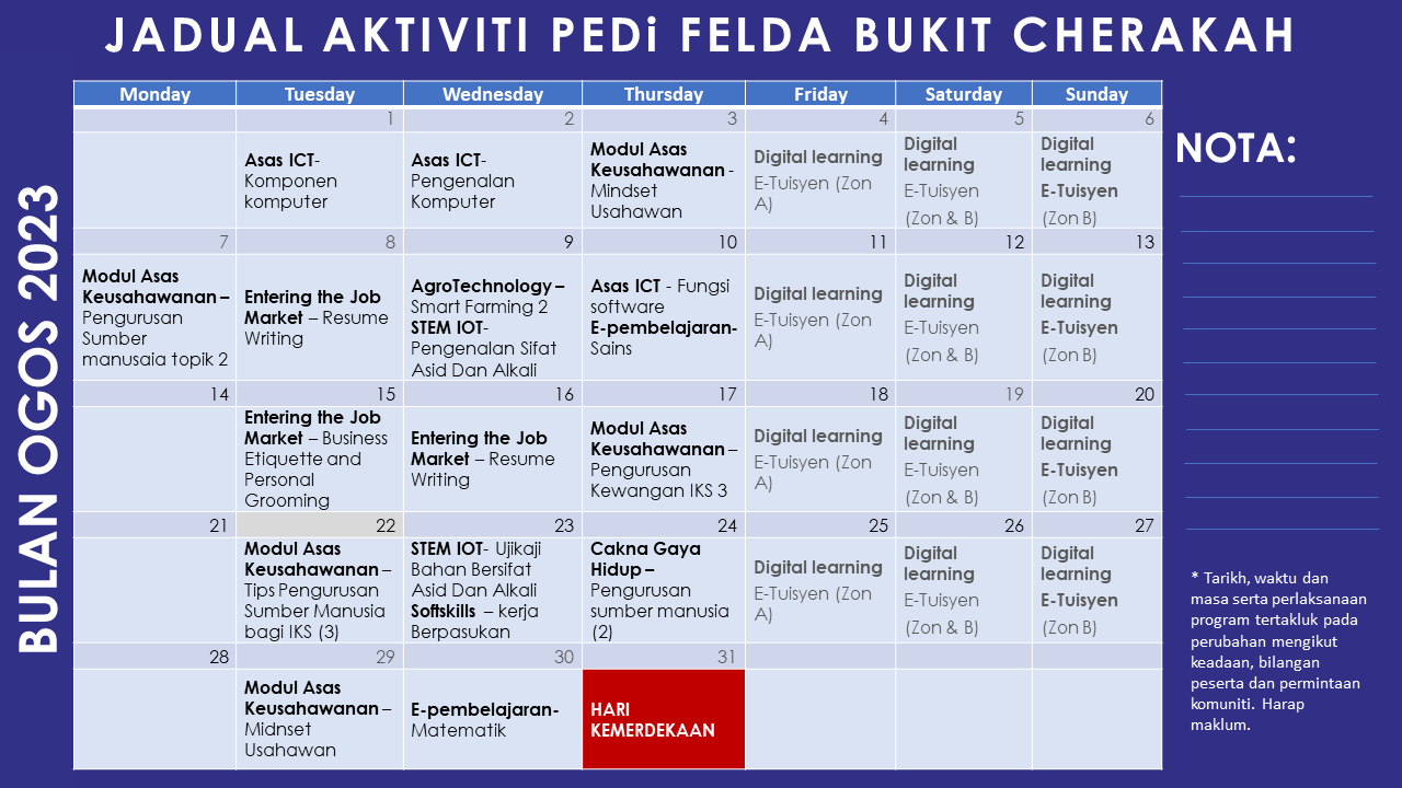 Plan jadual aktiviti ogos 2023